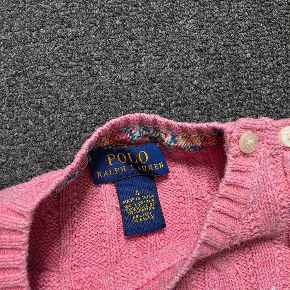 Polo Ralph Lauren Cable Knit Sweater Pink Girls 4 Puff Sleeve Button Shoulder - Picture 5 of 6
